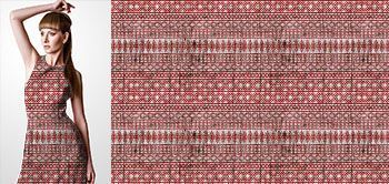 03026 Materiał ze wzorem etno wzór linie układający się w romby i pasy czerwony stylizowany na tkaninę